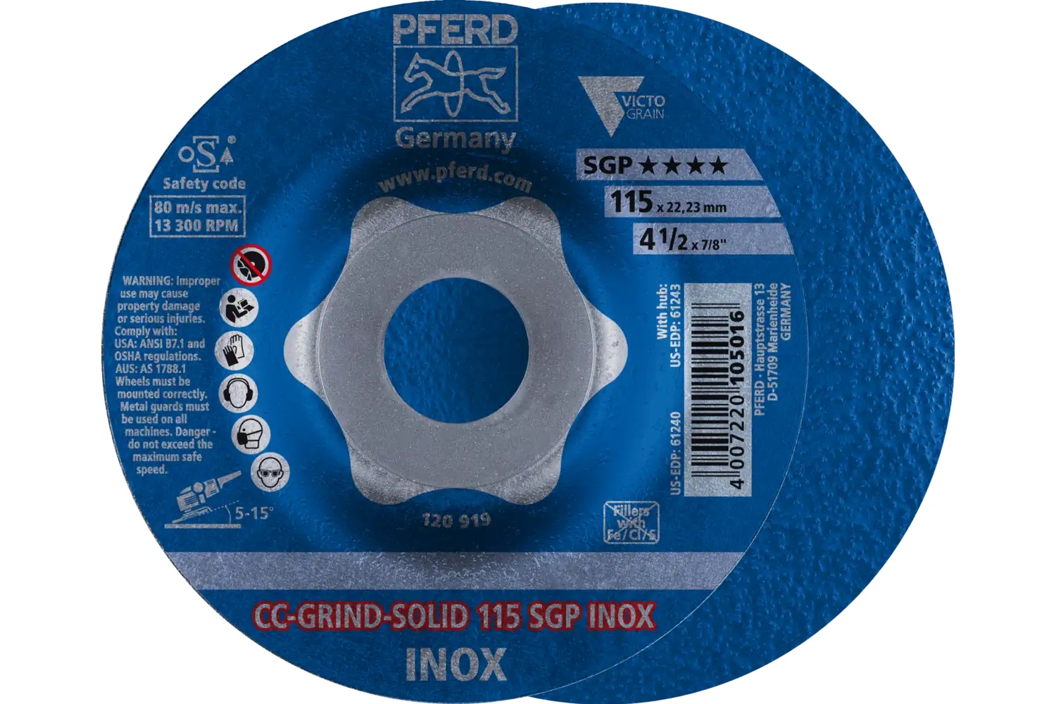 Picture of Pferd Grinding disc, CC-Grind®-Solid, 4-1/2" x 7/8, SGP Inox Victograin®-Cool, Ceramic